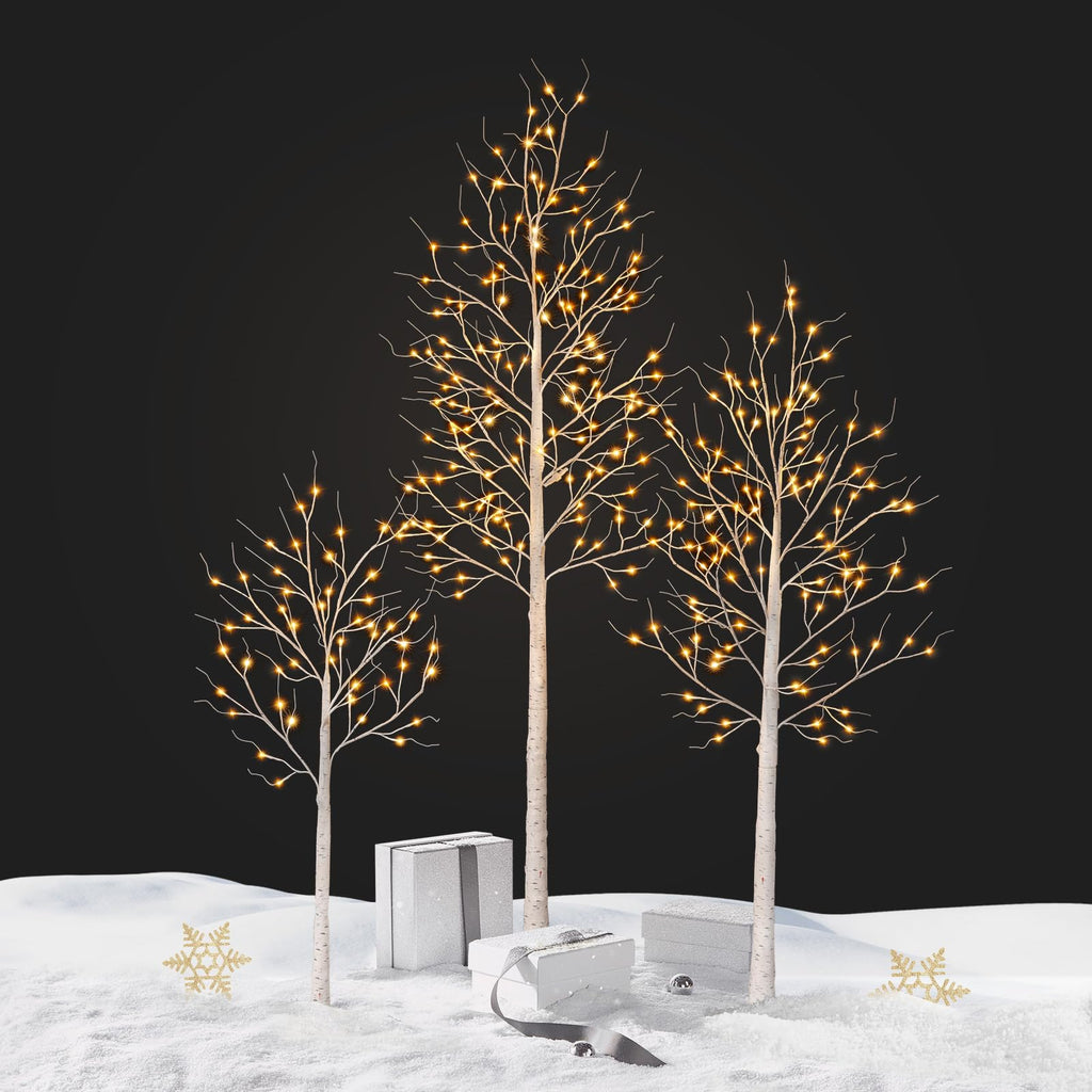 White Birch Tree with Lights Set of 3 Christmas Decorations with Warm White Lights F302