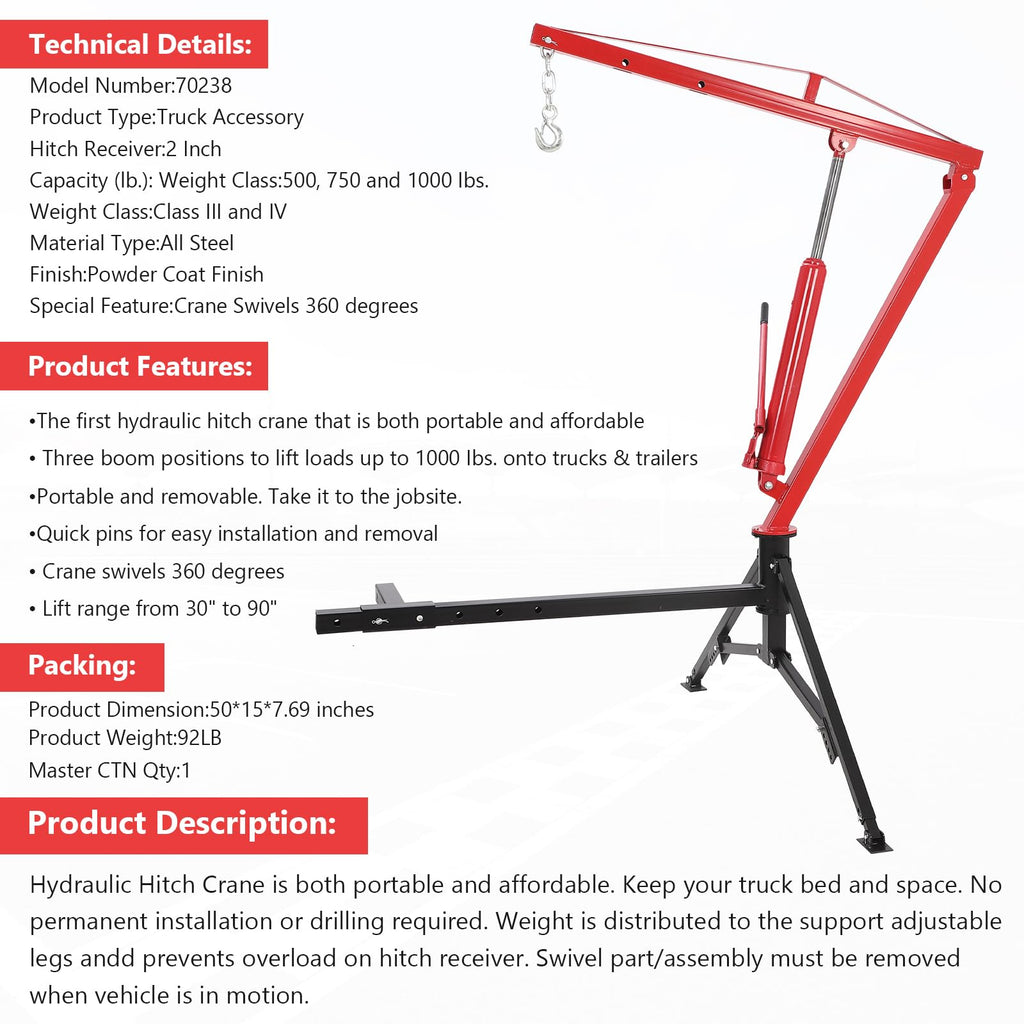 1000Lb Hydraulic Pickup Truck Crane with 360° Swivel B2479