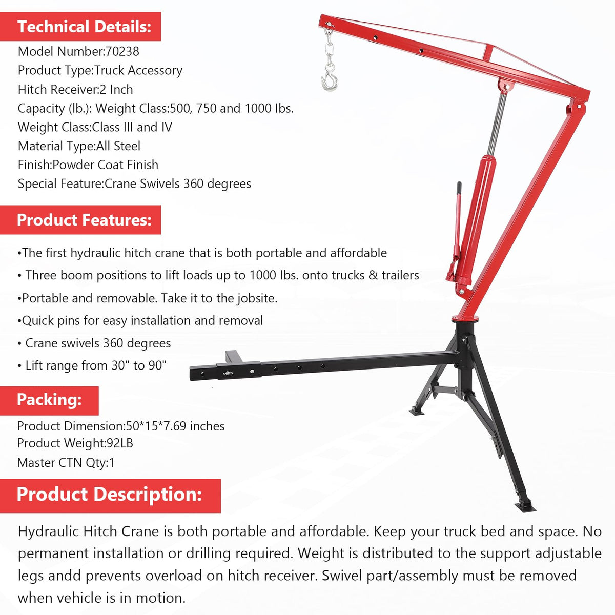 1000Lb Hydraulic Pickup Truck Crane with 360° Swivel B2479