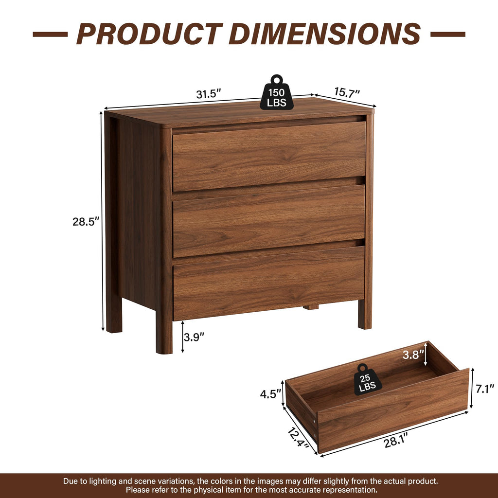 31.5" Wide 3 Drawer Wood Dresser with Legs, Walnut Y990926