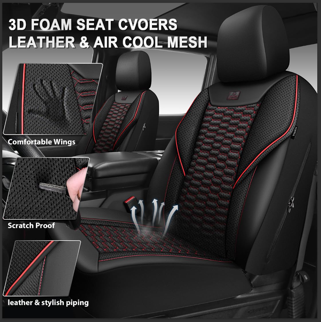 3D Foam Mesh Faux Leather Car Seat Covers Full Set, Black and Red A2508