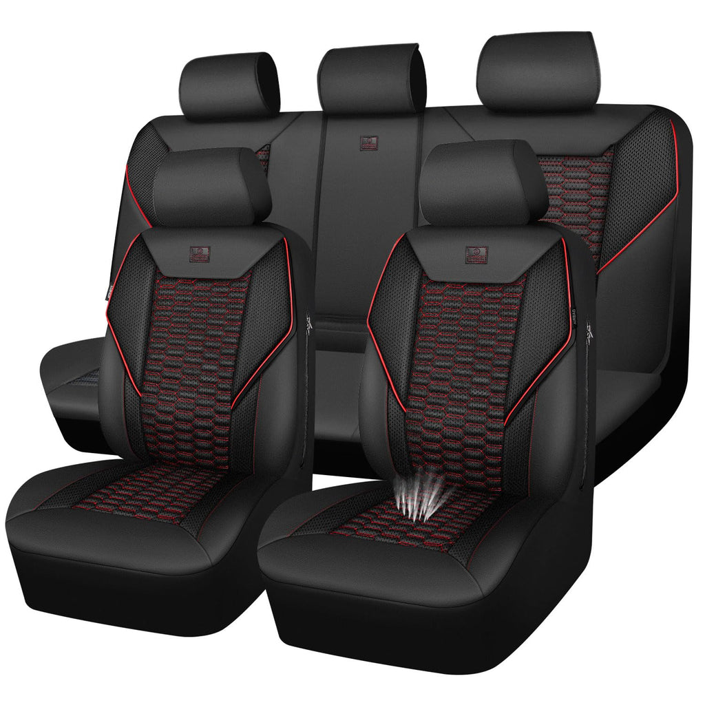 3D Foam Mesh Faux Leather Car Seat Covers Full Set, Black and Red A2508