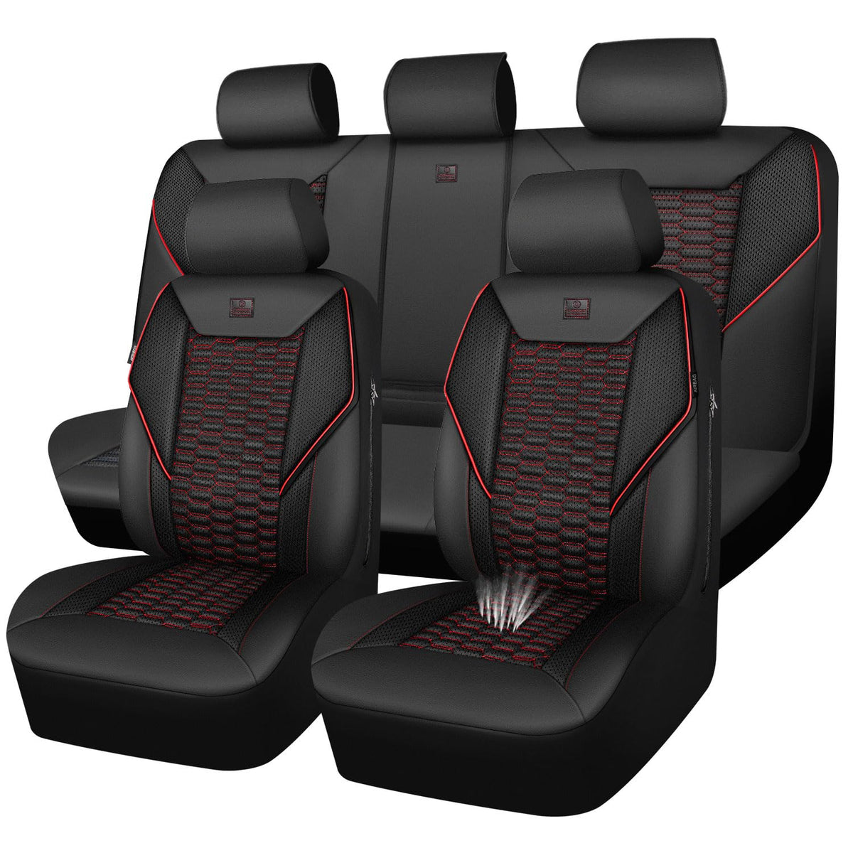 3D Foam Mesh Faux Leather Car Seat Covers Full Set, Black and Red A2508