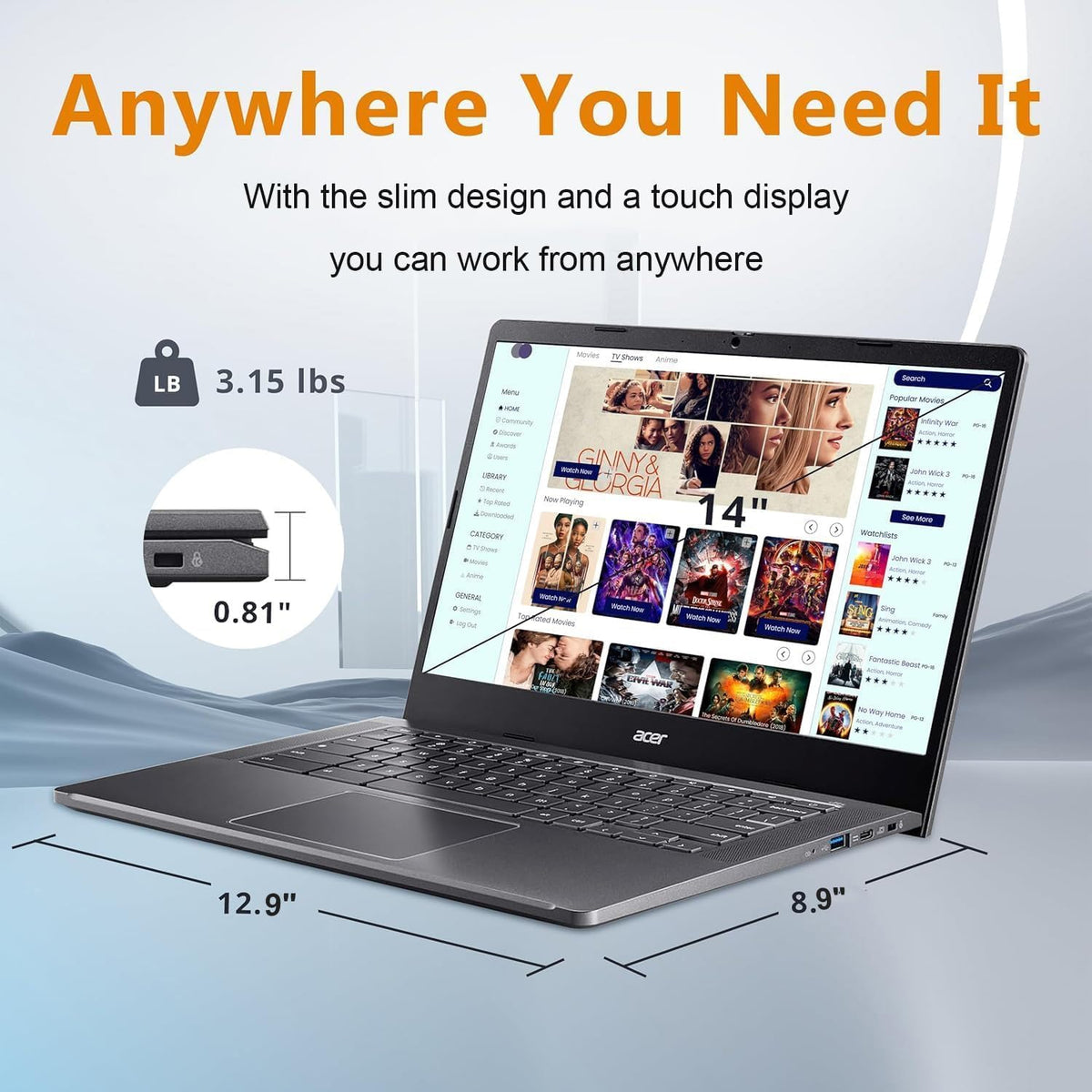 Chromebook Plus 514 Laptop with Google AI, Intel 8-Core i3-N305, 8 GB LPDDR5, 512 GB SSD, 14" FHD IPS Touch Screen, Wi-Fi 6E, Chrome OS M606840