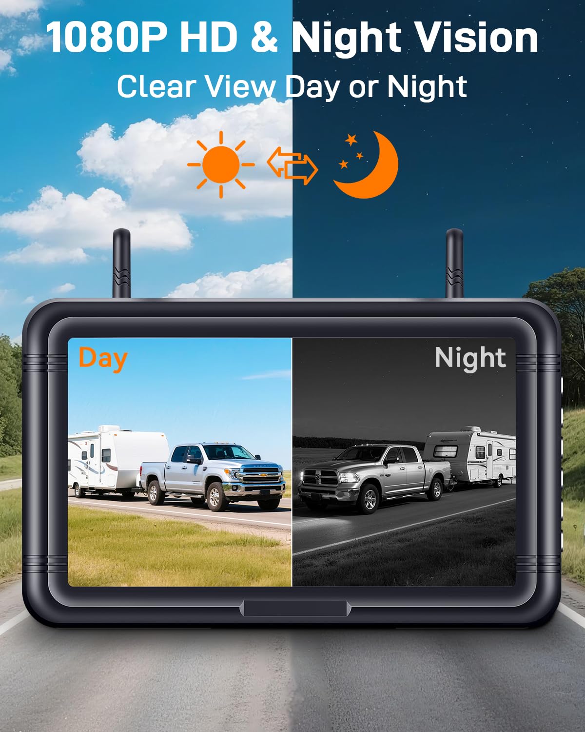 Wireless Solar Magnetic Backup Camera 7-Inch DVR Monitor 1080P HD Night Vision T3379