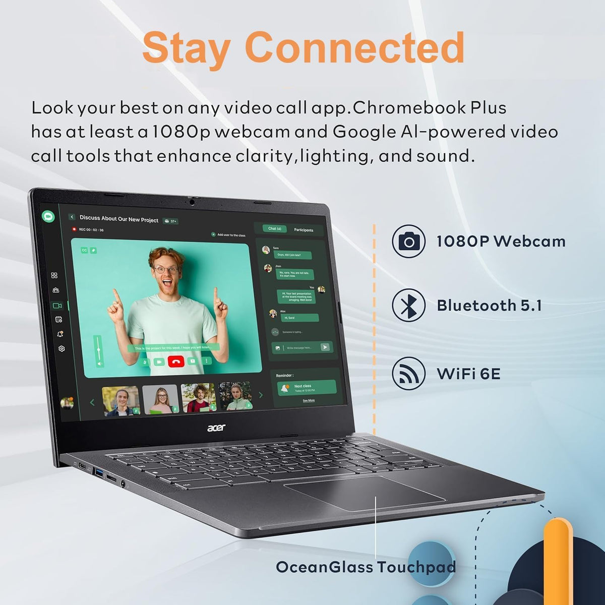Chromebook Plus 514 Laptop with Google AI, Intel 8-Core i3-N305, 8 GB LPDDR5, 512 GB SSD, 14" FHD IPS Touch Screen, Wi-Fi 6E, Chrome OS M606840