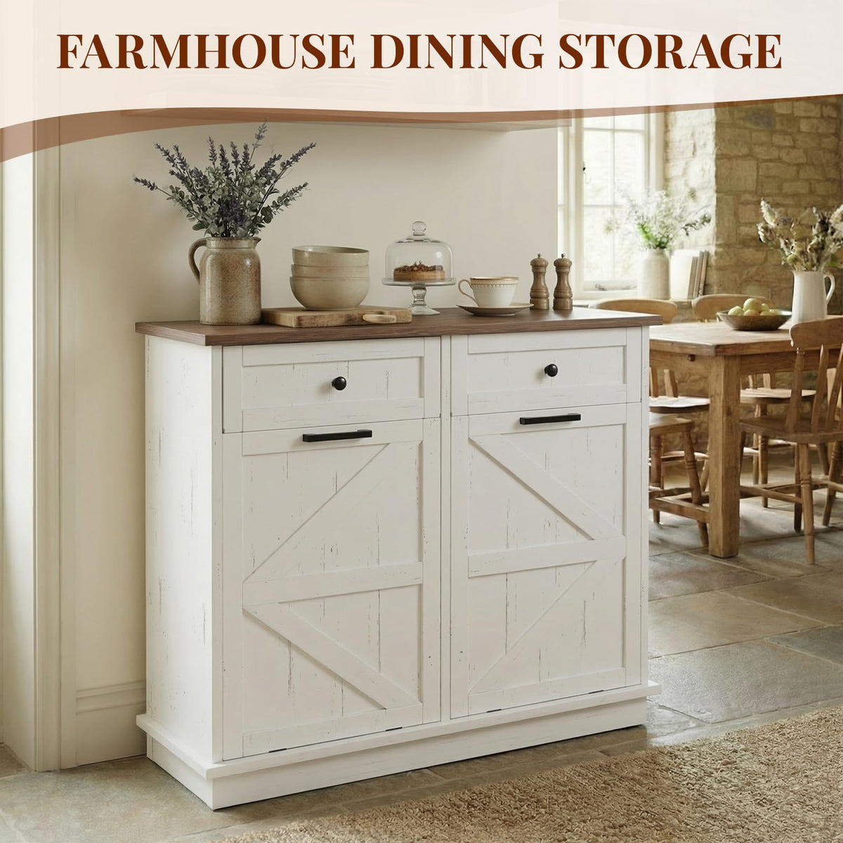 Brown White Double Tilt Out Trash Cabinet with Drawers R7830