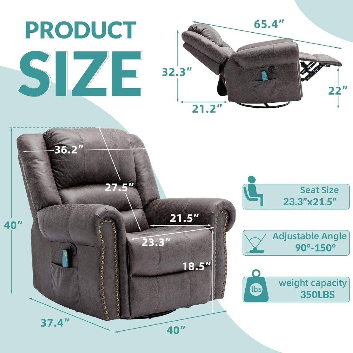 Oversized Swivel Rocker Recliner Chair with Heat and Massage S43283