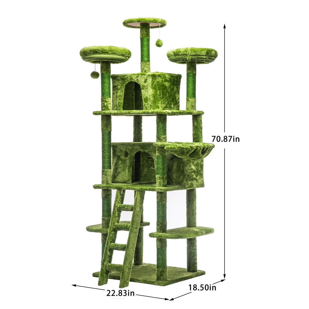 70.87" Green Multi-Level Cat Tree with Condos and Hammock H6098