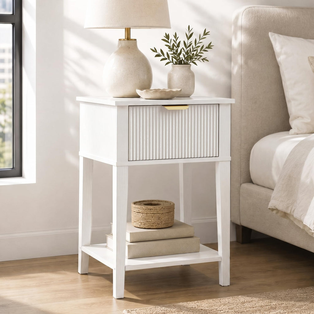 White Nightstand with Drawer and Open Shelf M33396