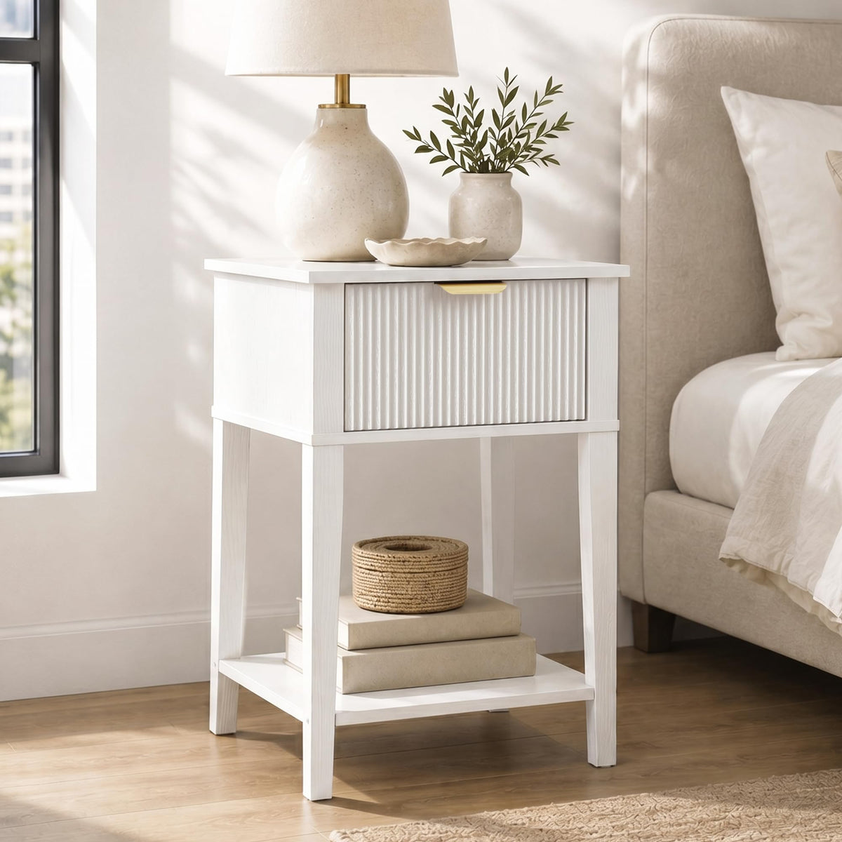 White Nightstand with Drawer and Open Shelf M33396