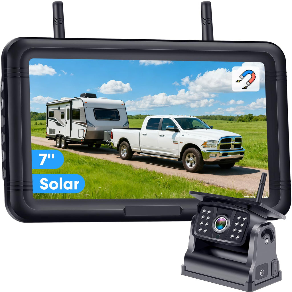 Wireless Solar Magnetic Backup Camera 7-Inch DVR Monitor 1080P HD Night Vision T3379