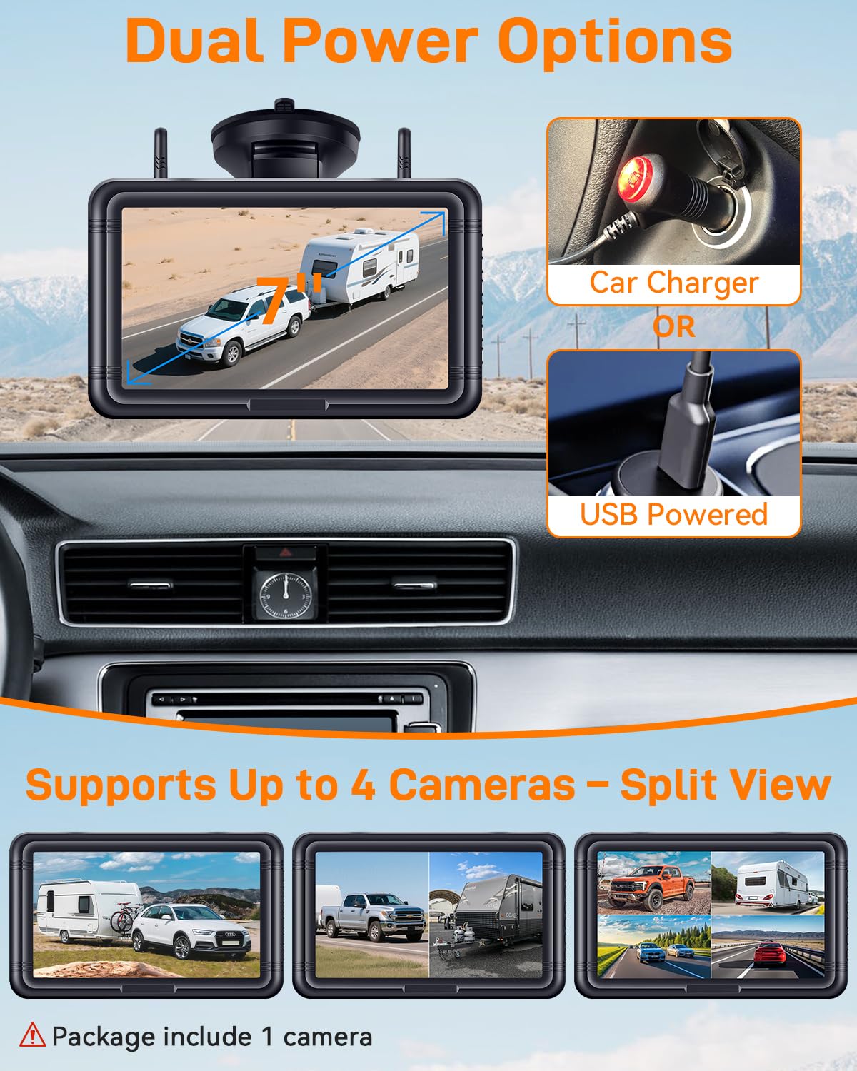Wireless Solar Magnetic Backup Camera 7-Inch DVR Monitor 1080P HD Night Vision T3379