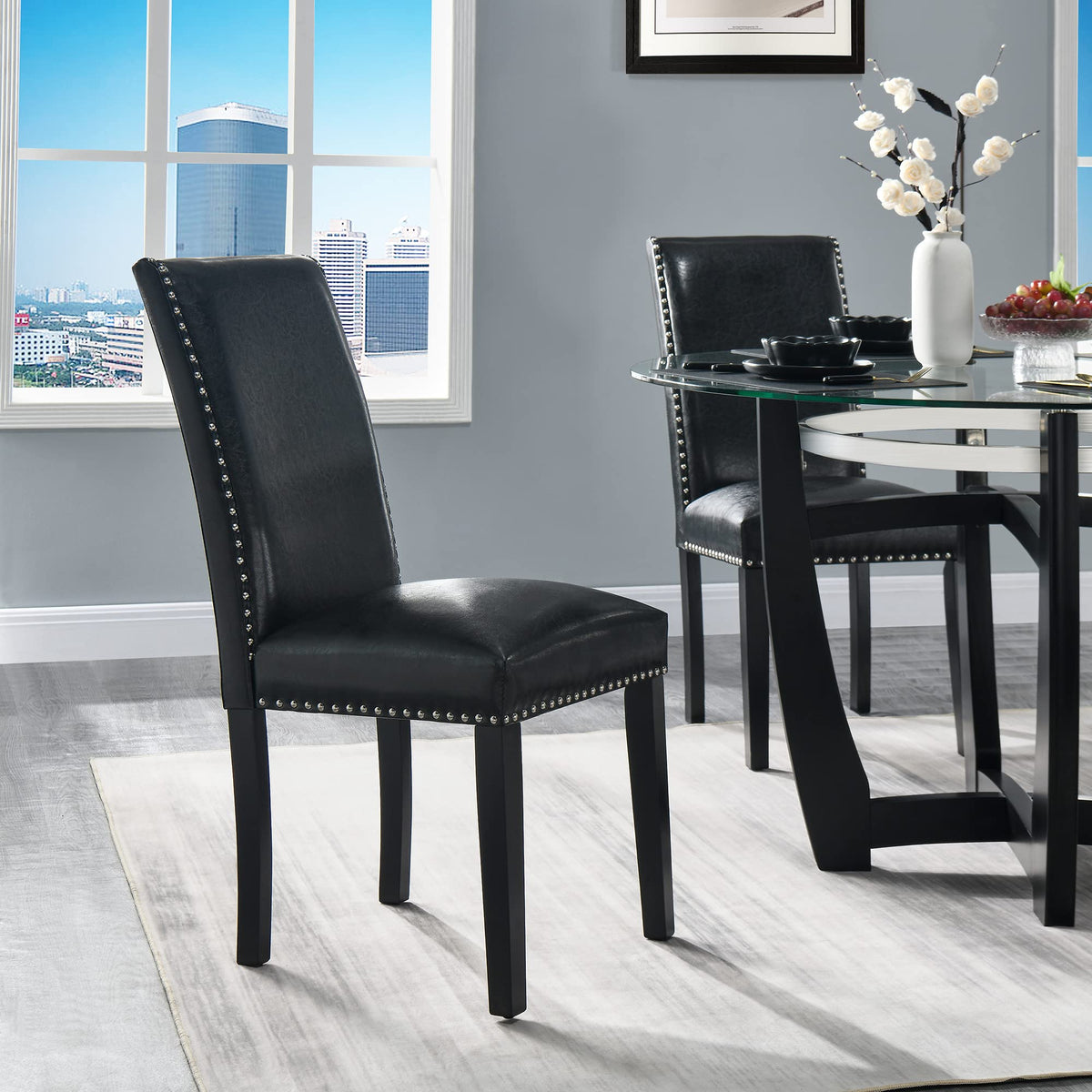 Black Faux Leather Dining Chairs Set of 4 with Wood Legs R7085