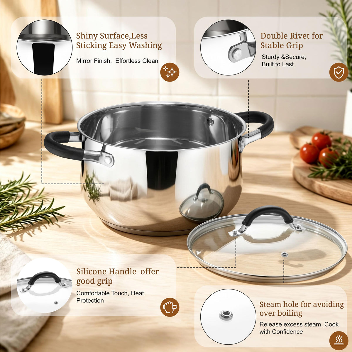 6 Quart Stainless Steel Induction Stock Pot with Lid J7229