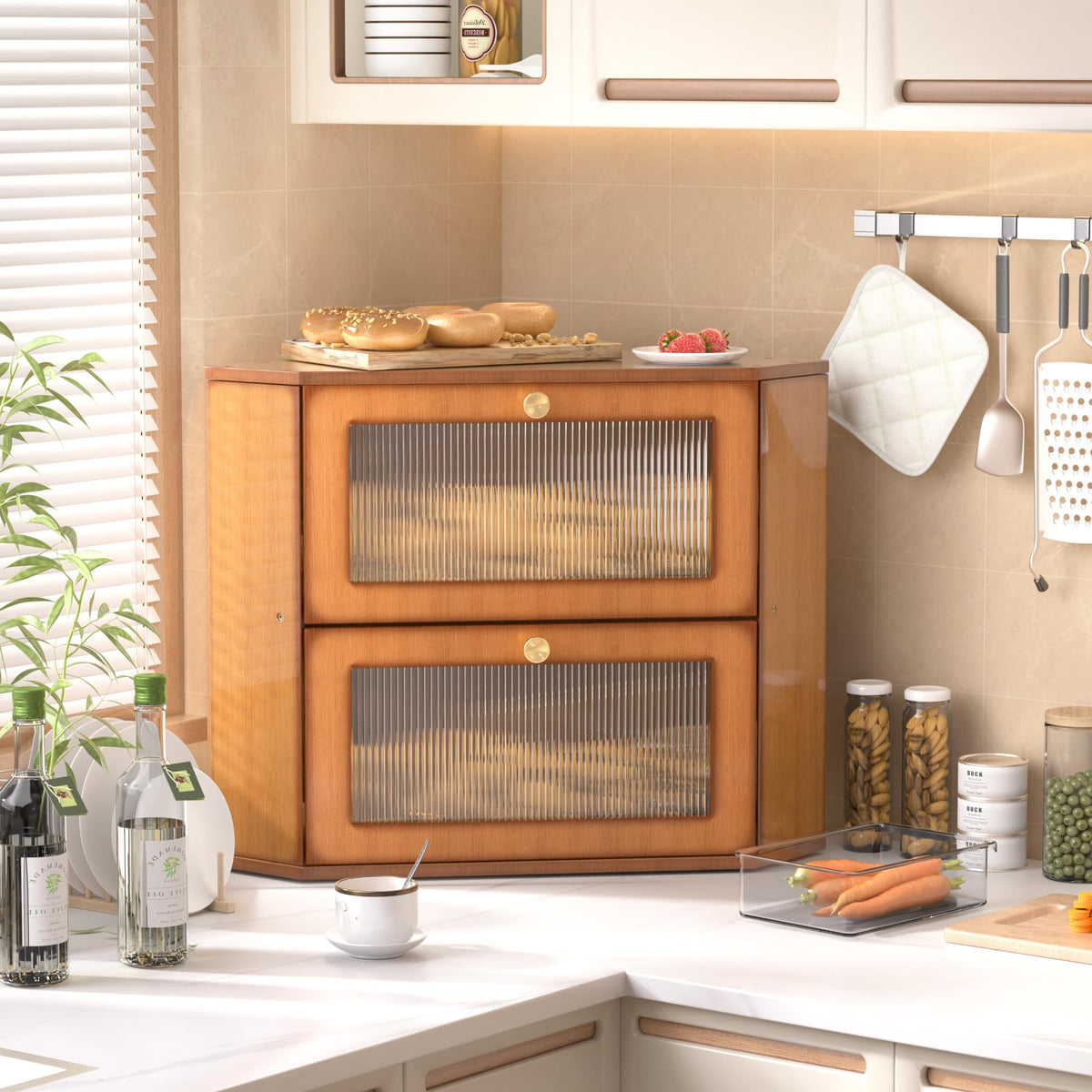 Large Capacity 2 Layer Bamboo Bread Box with Acrylic Window U818