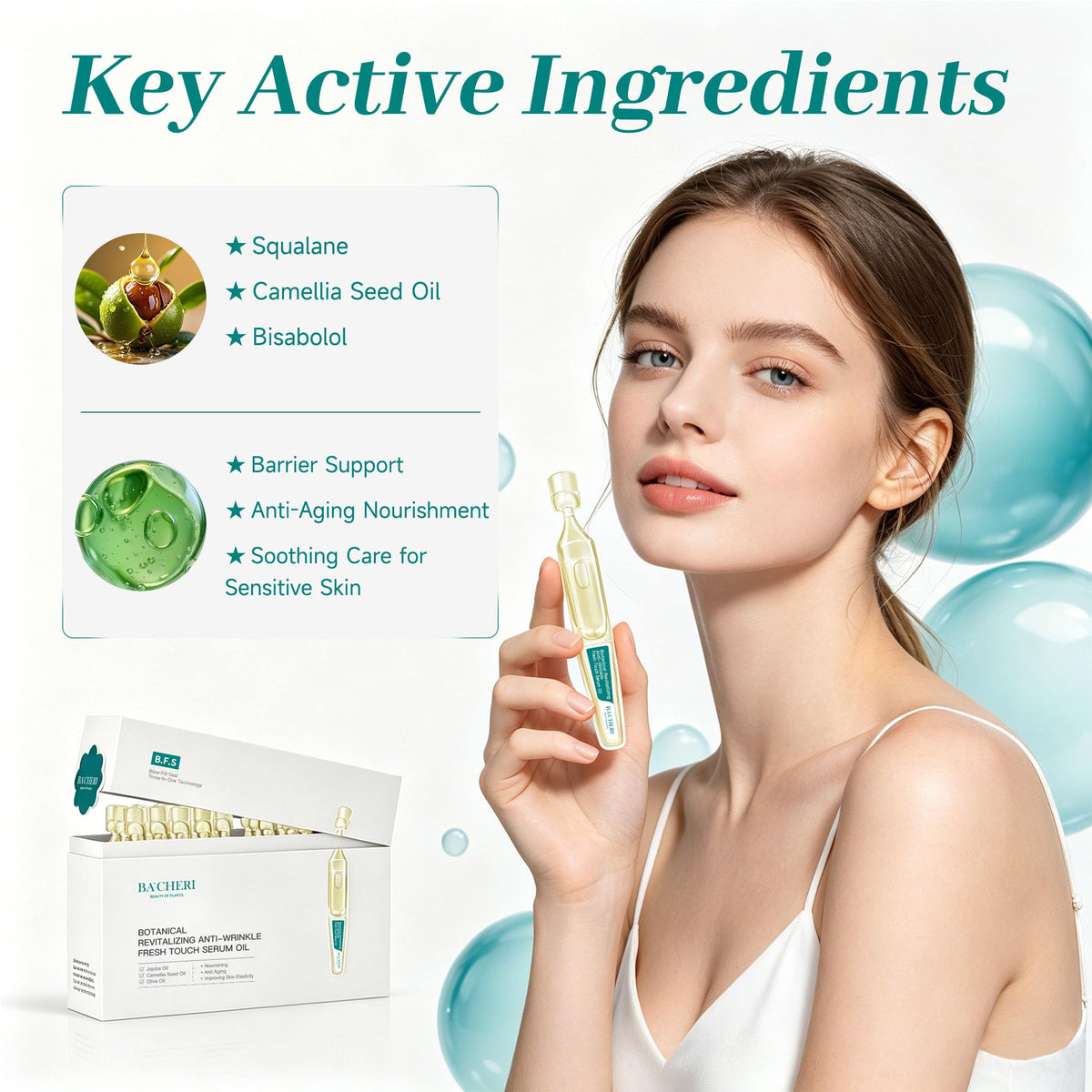 Anti-Aging Face Oil Serum Ampoules with Squalane, Camellia, Jojoba & Meadowfoam Seed Oil, 1ml x 30 Y73283