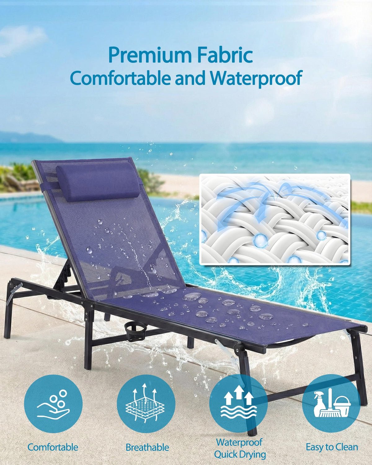 2 Pack Blue Foldable Chaise Lounge Chair with Cup Holder and Pillow V806