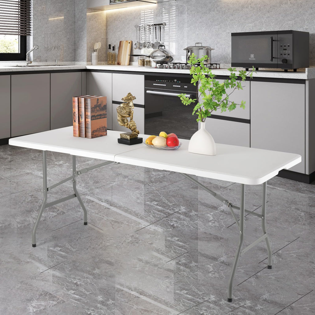 6 Foot Foldable White Plastic Table with Carrying Handle H169144