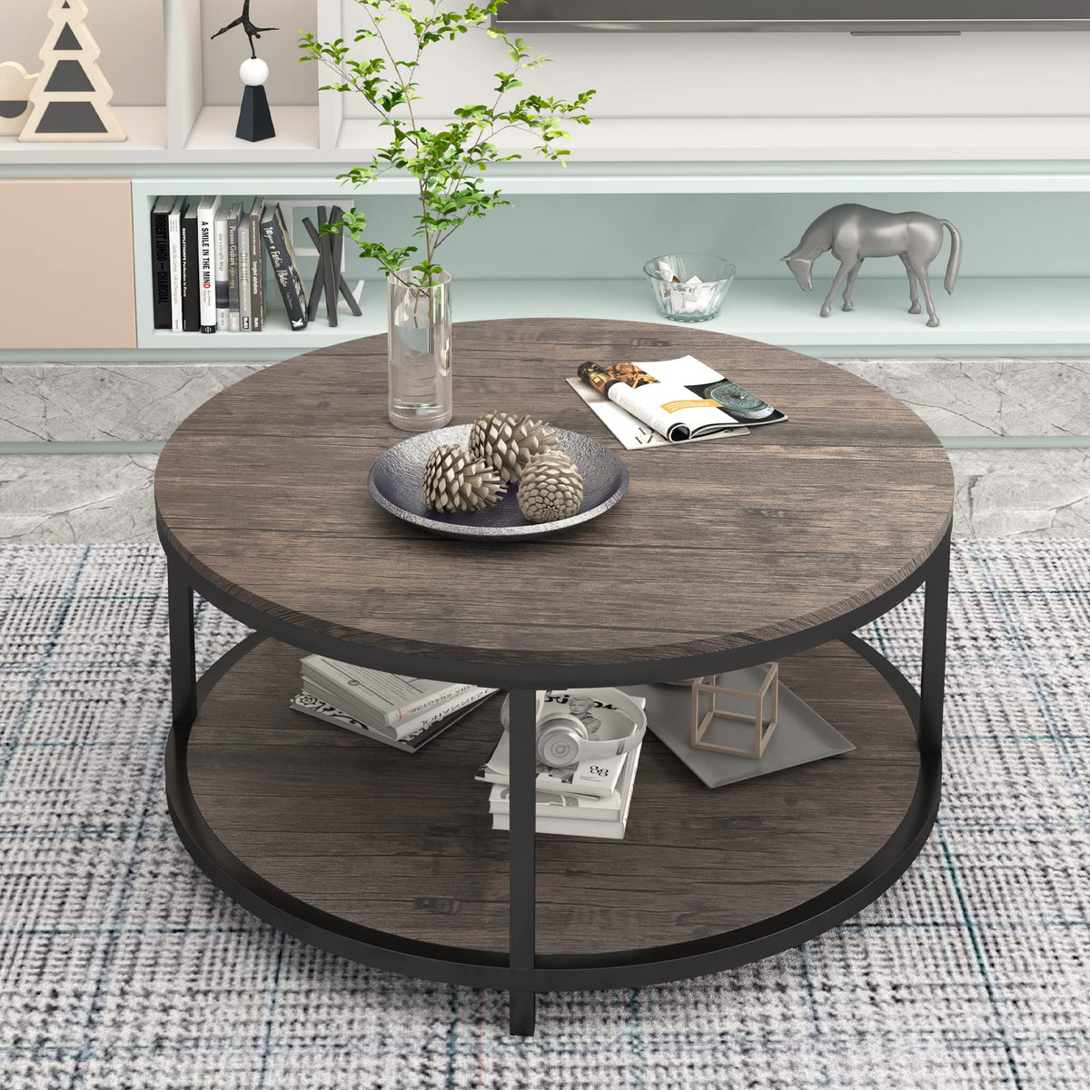 Round 2-Tier Wood Coffee Table with Storage Shelf Y5547
