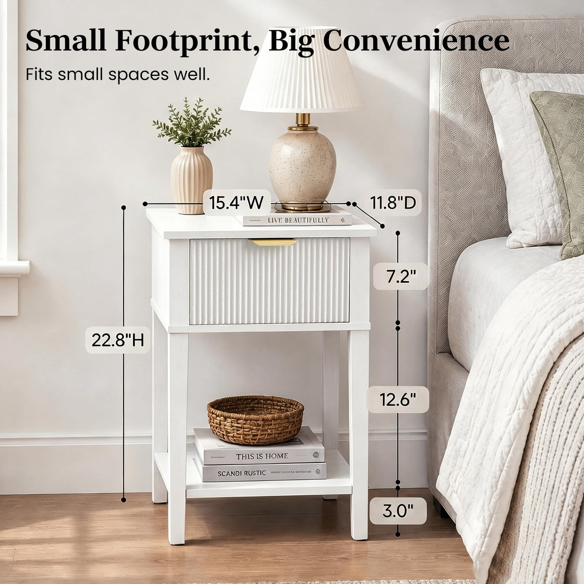 White Nightstand with Drawer and Open Shelf M33396