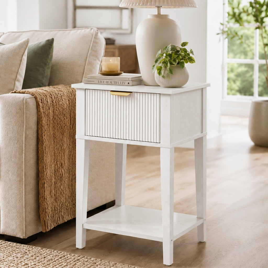 White Nightstand with Drawer and Open Shelf M33396