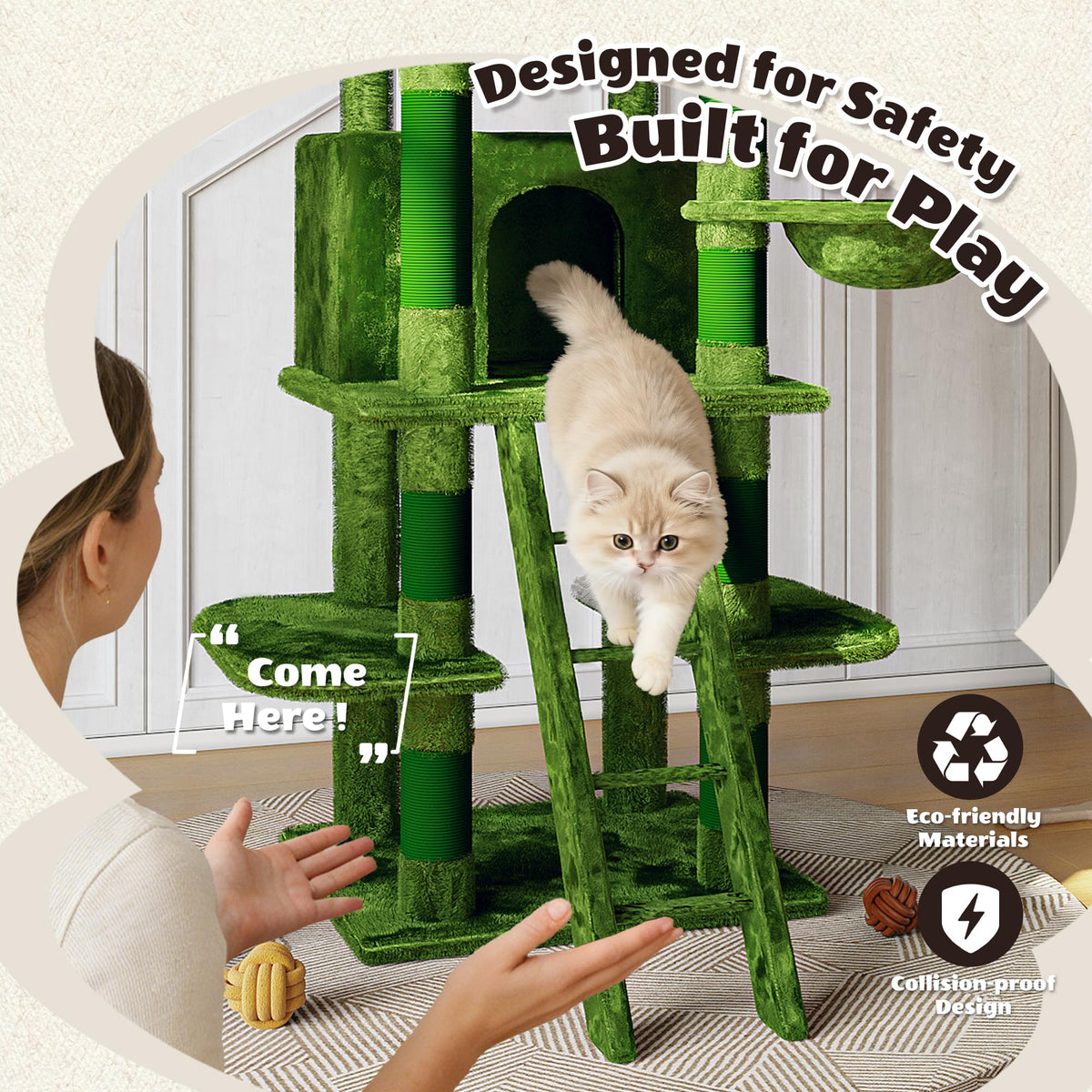 70.87" Green Multi-Level Cat Tree with Condos and Hammock H6098