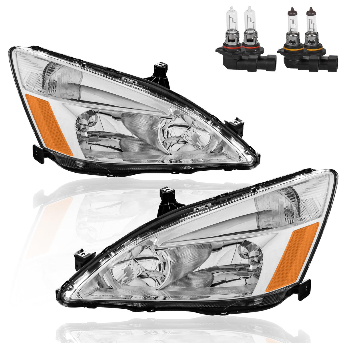 Headlights Assembly Replacement with Clear Lens Chrome Housing Amber Reflector Front Lamps Set of 2 G54619