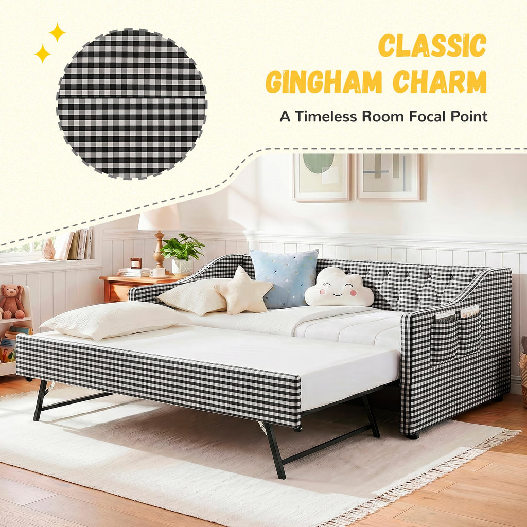 Twin Size Gingham Daybed with Trundle and Storage Pocket V972667