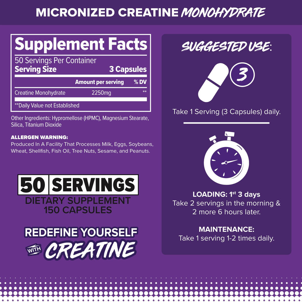 Pure Micronized Creatine Monohydrate 150 Capsules E524