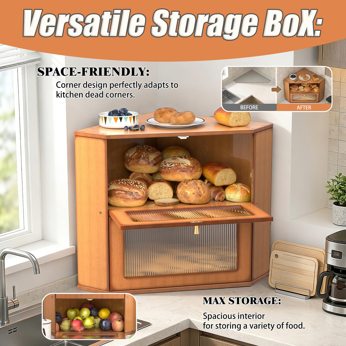 Large Capacity 2 Layer Bamboo Bread Box with Acrylic Window U818