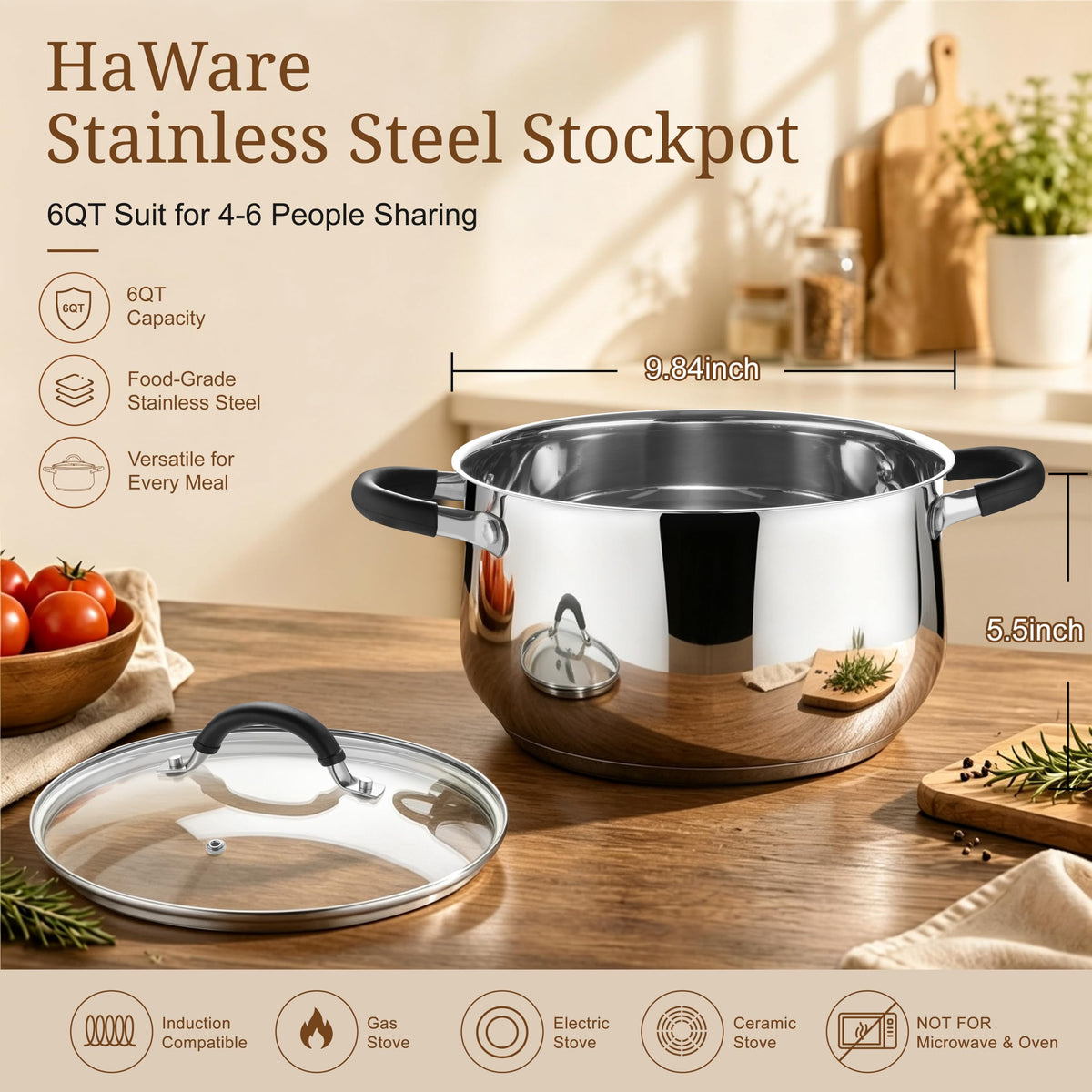 6 Quart Stainless Steel Induction Stock Pot with Lid J7229