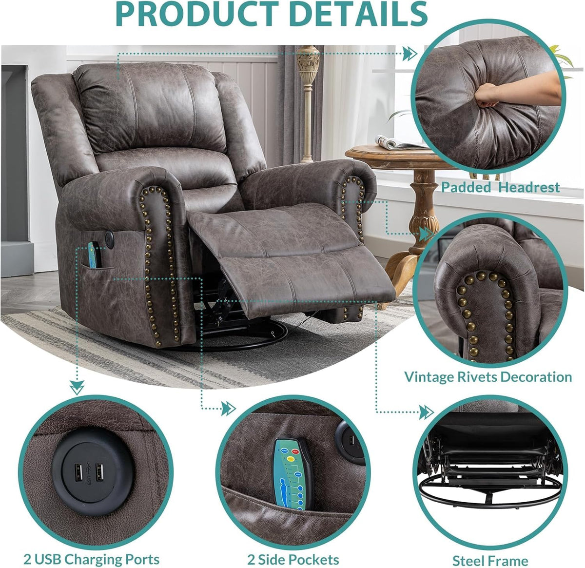 Oversized Swivel Rocker Recliner Chair with Heat and Massage S43283