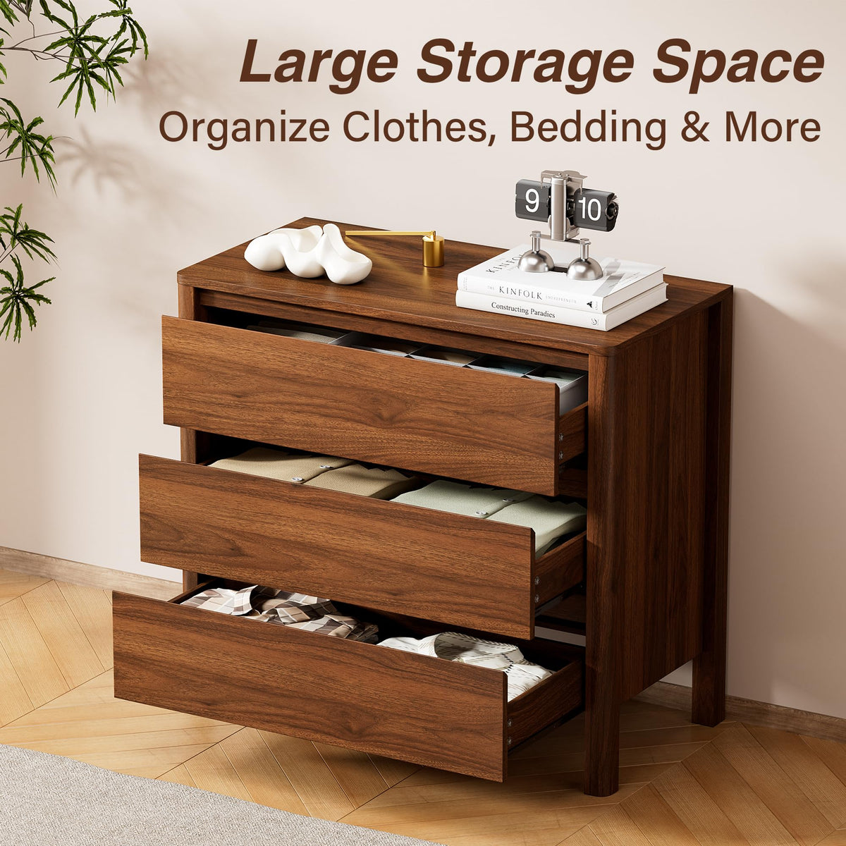 31.5" Wide 3 Drawer Wood Dresser with Legs, Walnut Y990926