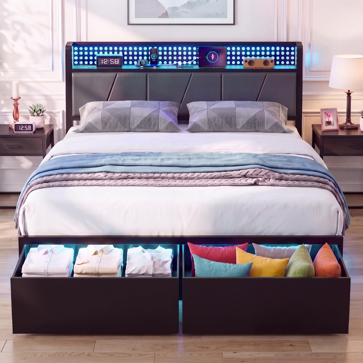Full Size Upholstered Bed Frame with 2 Drawers and Storage Shelves T163