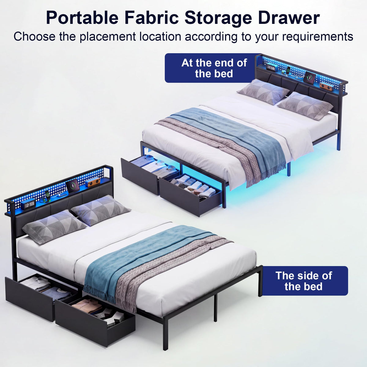 Full Size Upholstered Bed Frame with 2 Drawers and Storage Shelves T163