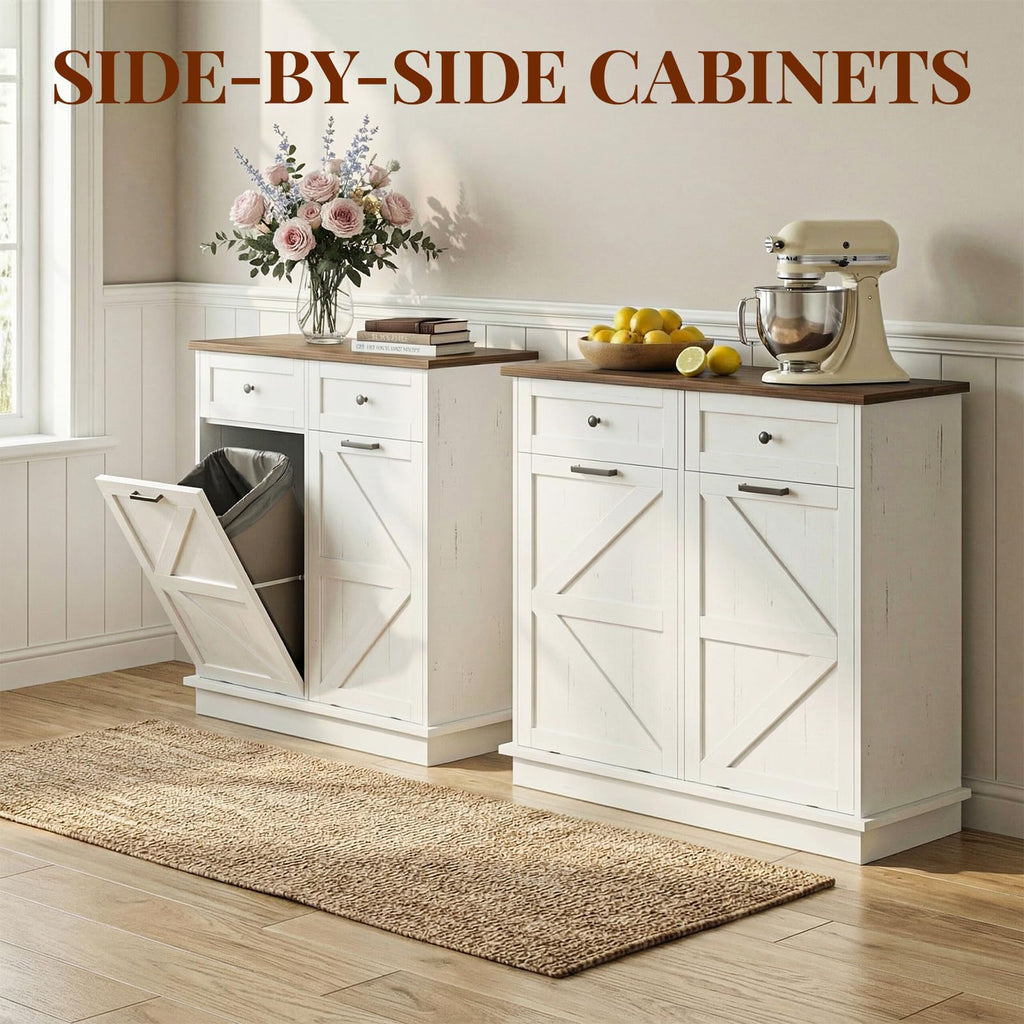 Brown White Double Tilt Out Trash Cabinet with Drawers R7830