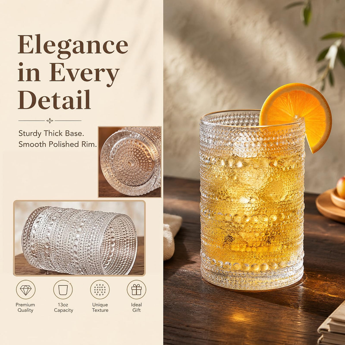 Set of 6 Vintage Hobnail Drinking Glasses, 13 oz Clear Embossed Glassware A762413