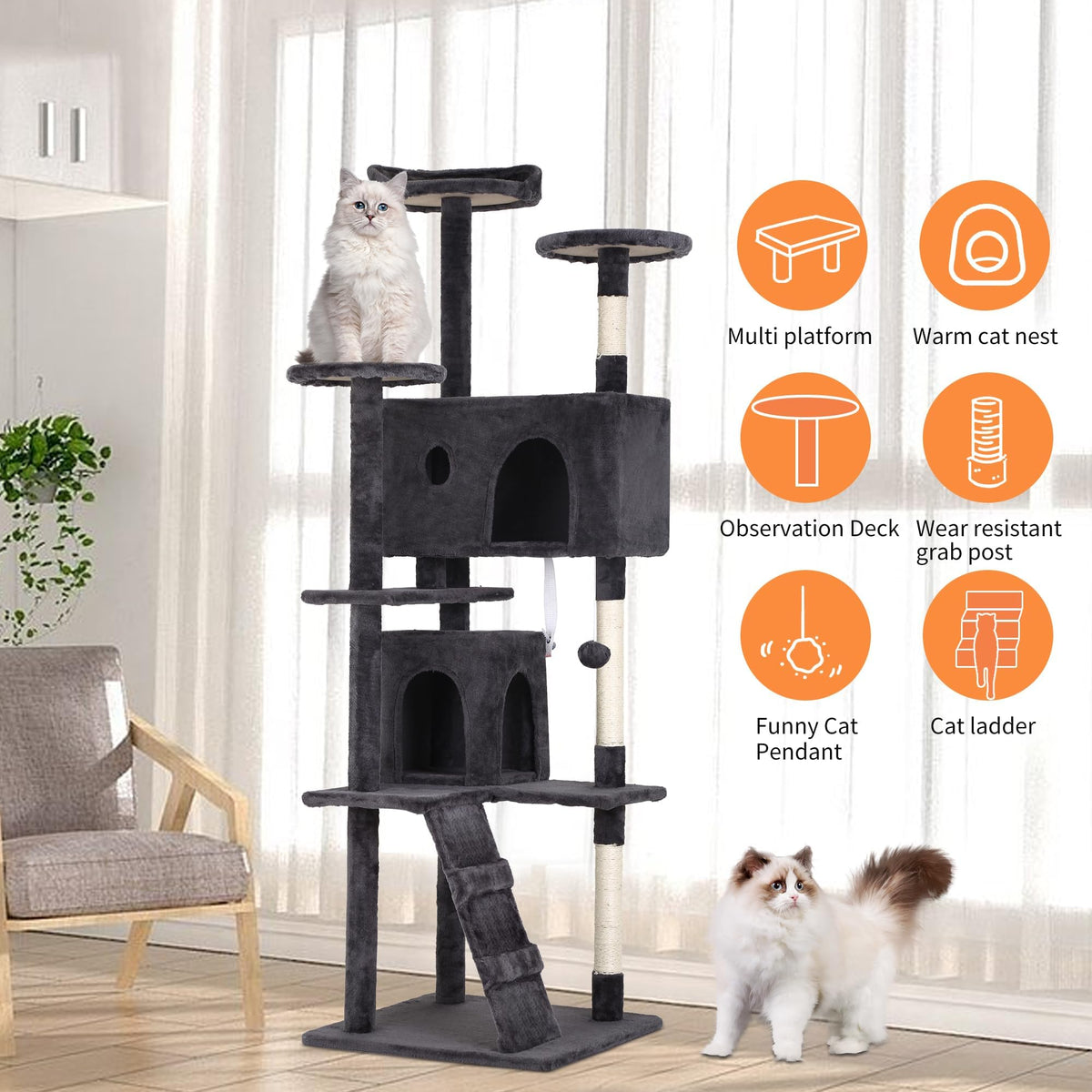 70 Inch Dark Grey Cat Tree Tower with Scratching Post J263