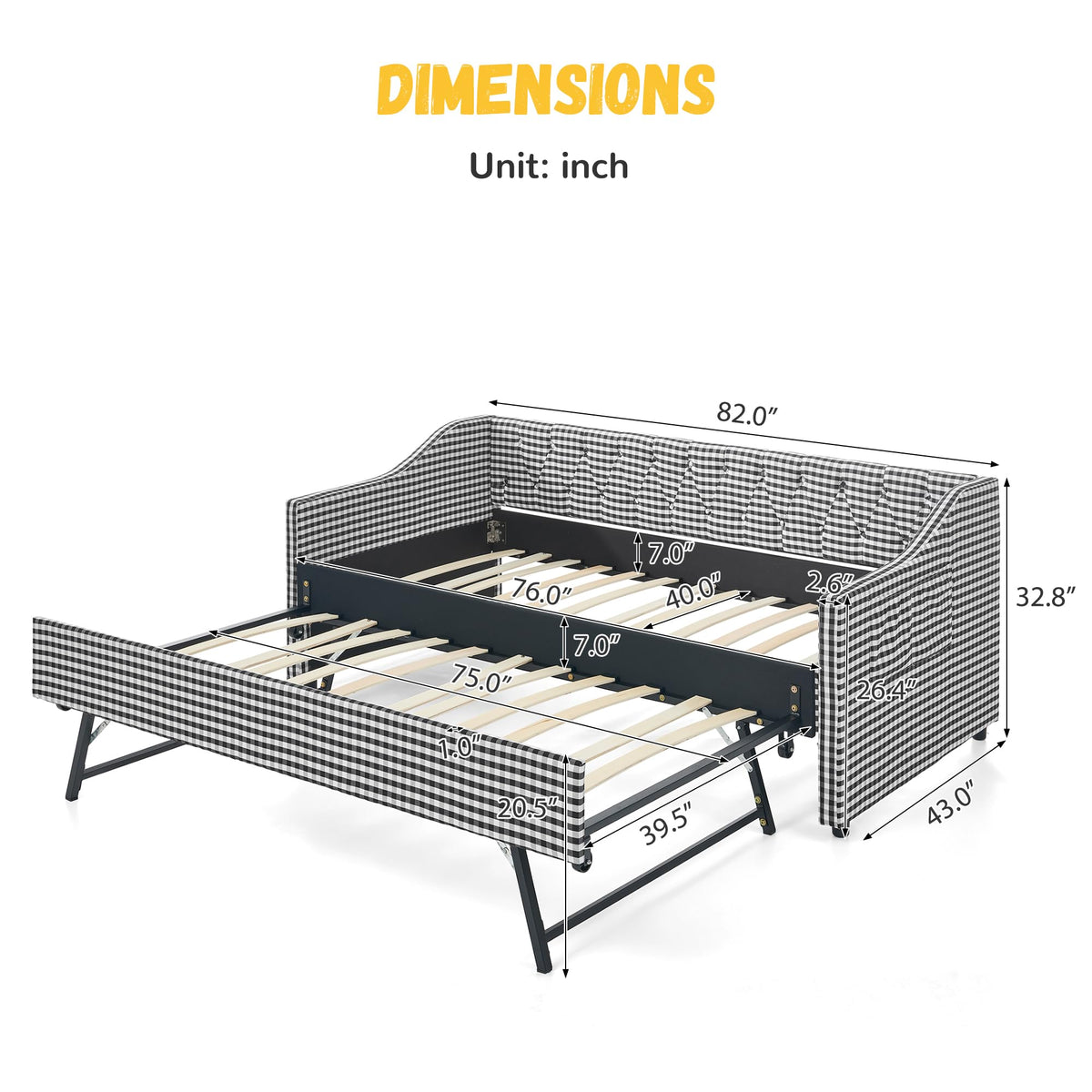 Twin Size Gingham Daybed with Trundle and Storage Pocket V972667