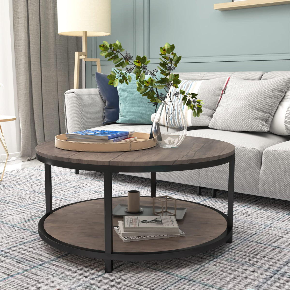 Round 2-Tier Wood Coffee Table with Storage Shelf Y5547