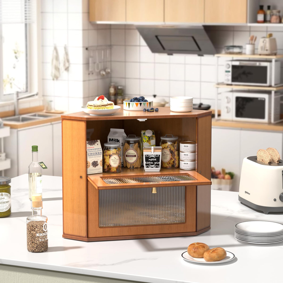 Large Capacity 2 Layer Bamboo Bread Box with Acrylic Window U818