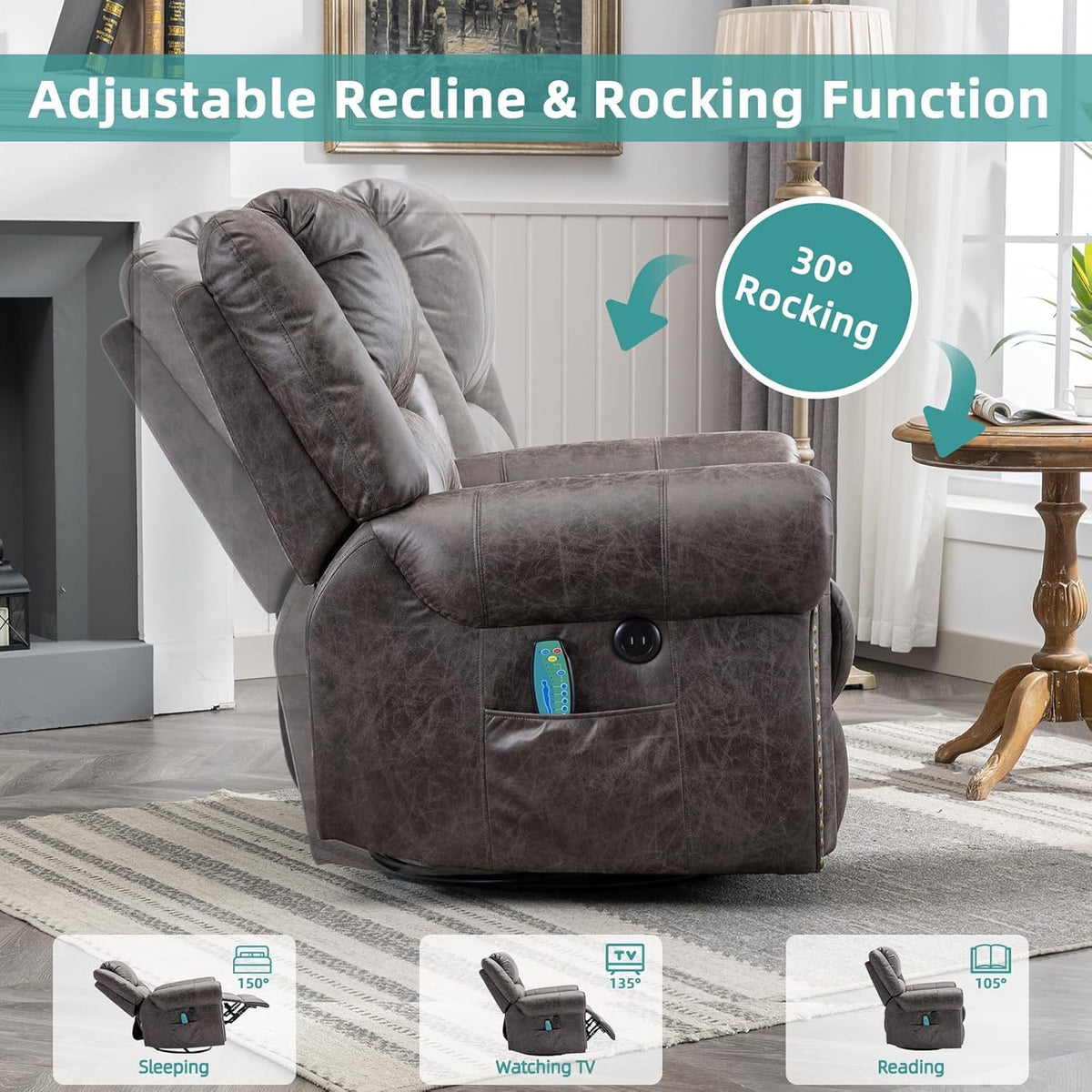 Oversized Swivel Rocker Recliner Chair with Heat and Massage S43283