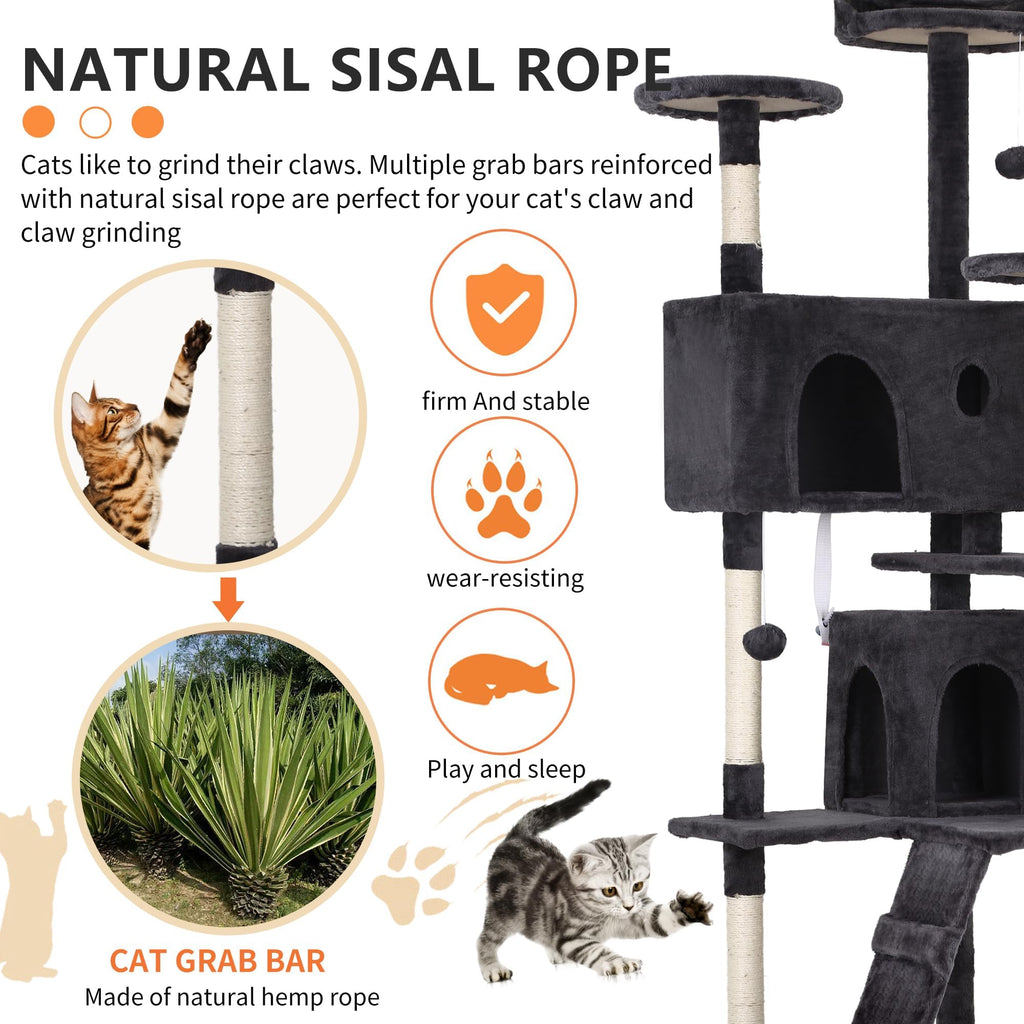 70 Inch Dark Grey Cat Tree Tower with Scratching Post J263