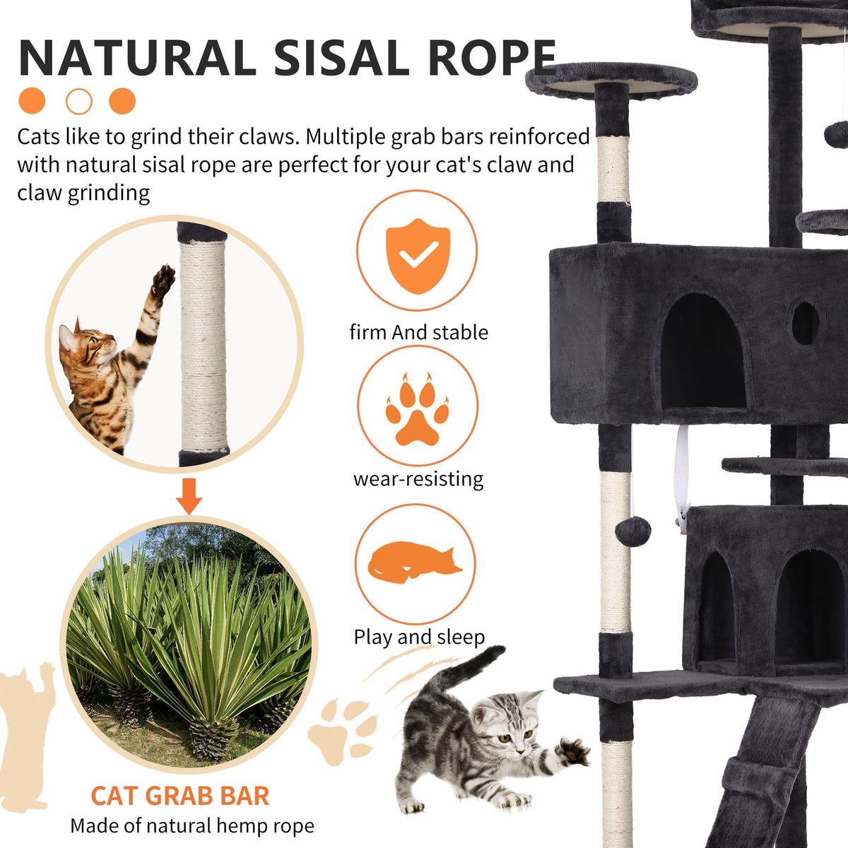 70 Inch Dark Grey Cat Tree Tower with Scratching Post J263