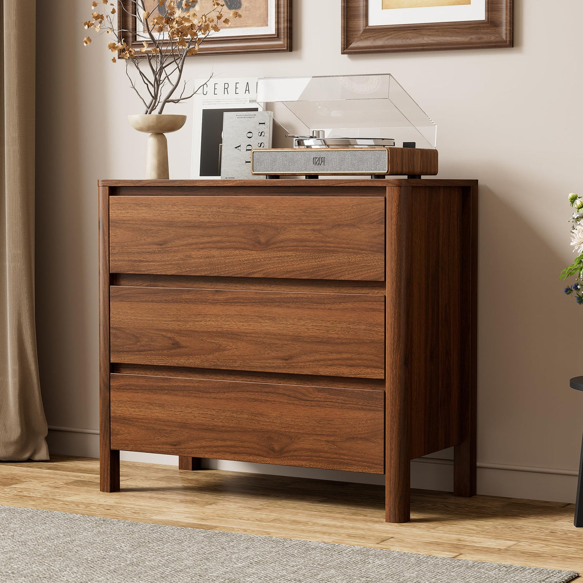 31.5" Wide 3 Drawer Wood Dresser with Legs, Walnut Y990926