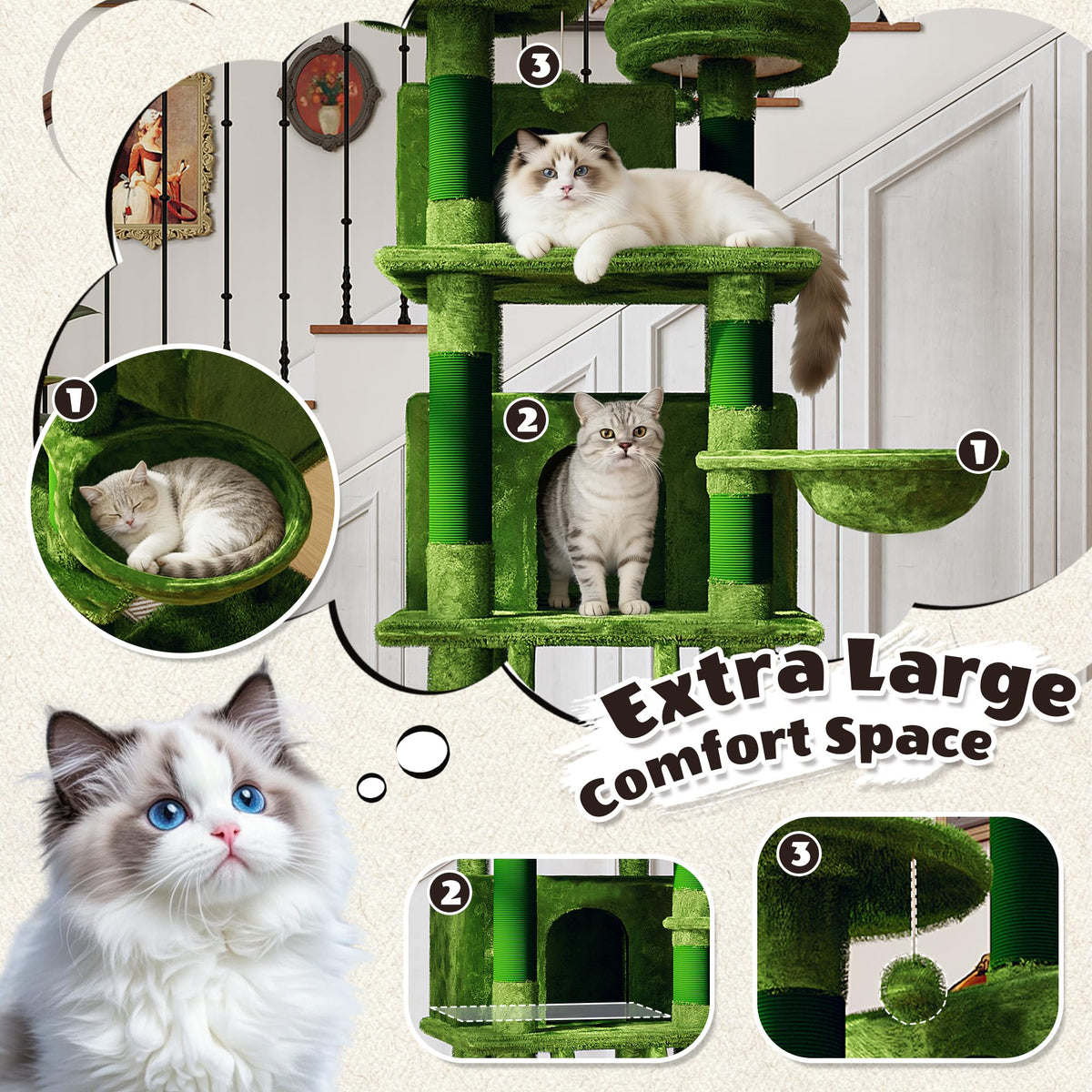 70.87" Green Multi-Level Cat Tree with Condos and Hammock H6098