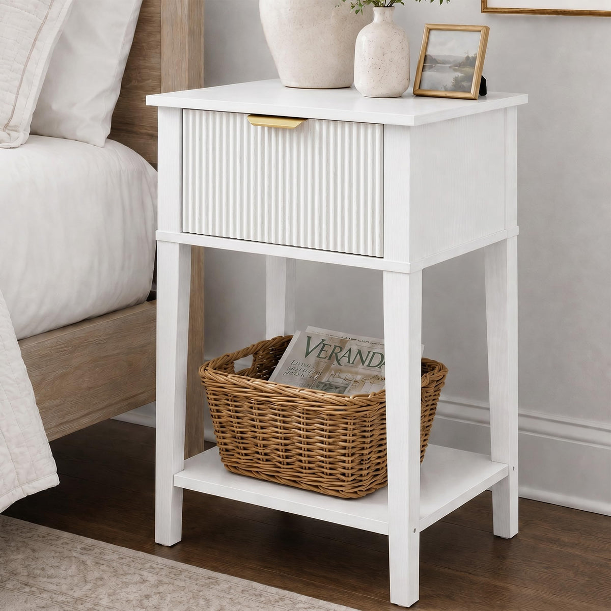 White Nightstand with Drawer and Open Shelf M33396