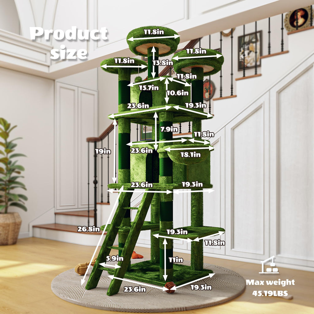 70.87" Green Multi-Level Cat Tree with Condos and Hammock H6098