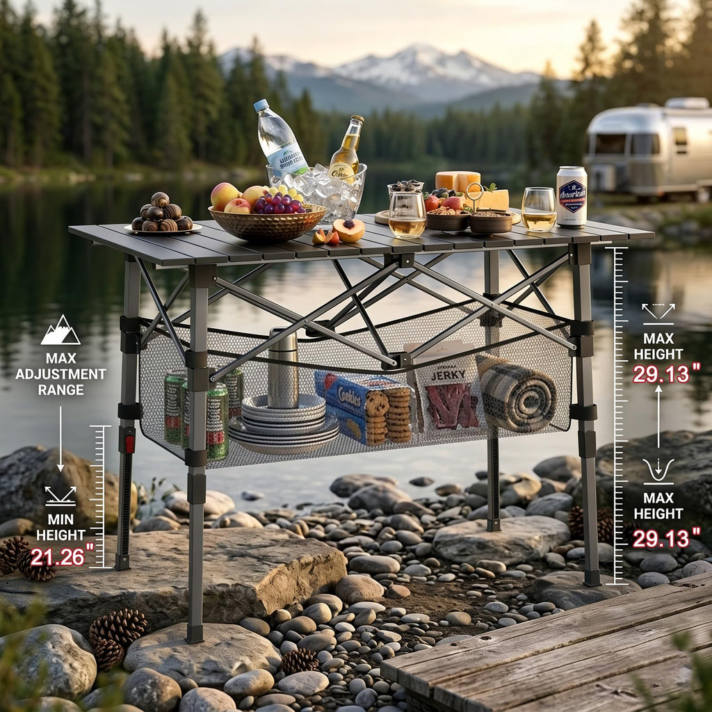 Portable Aluminum Folding Camping Table with Storage Basket L7555